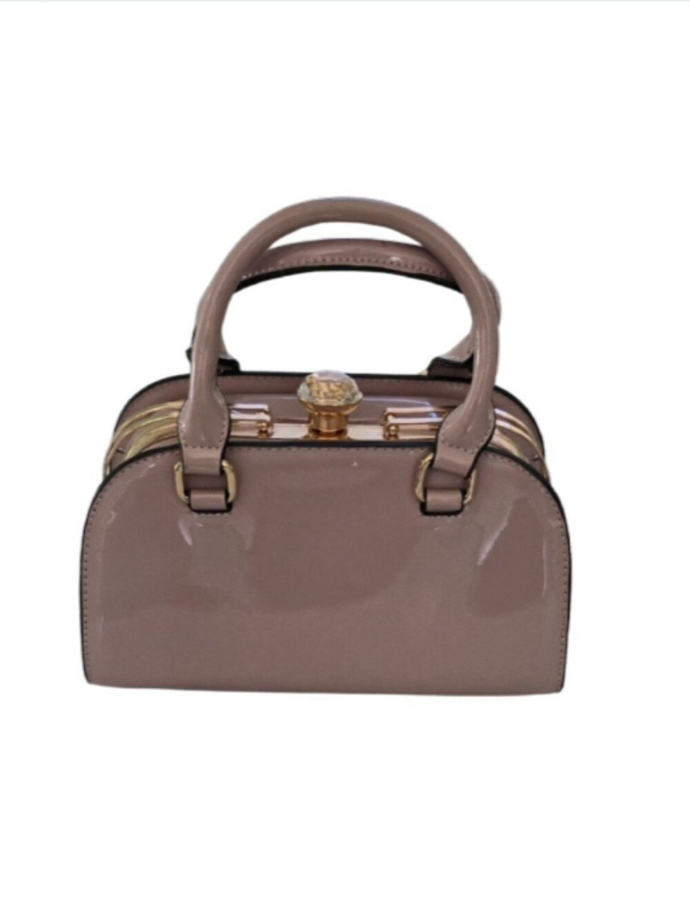Retro Style Pink Patent Faux Leather Dome Satchel Handbag Crystal Clasp Purse